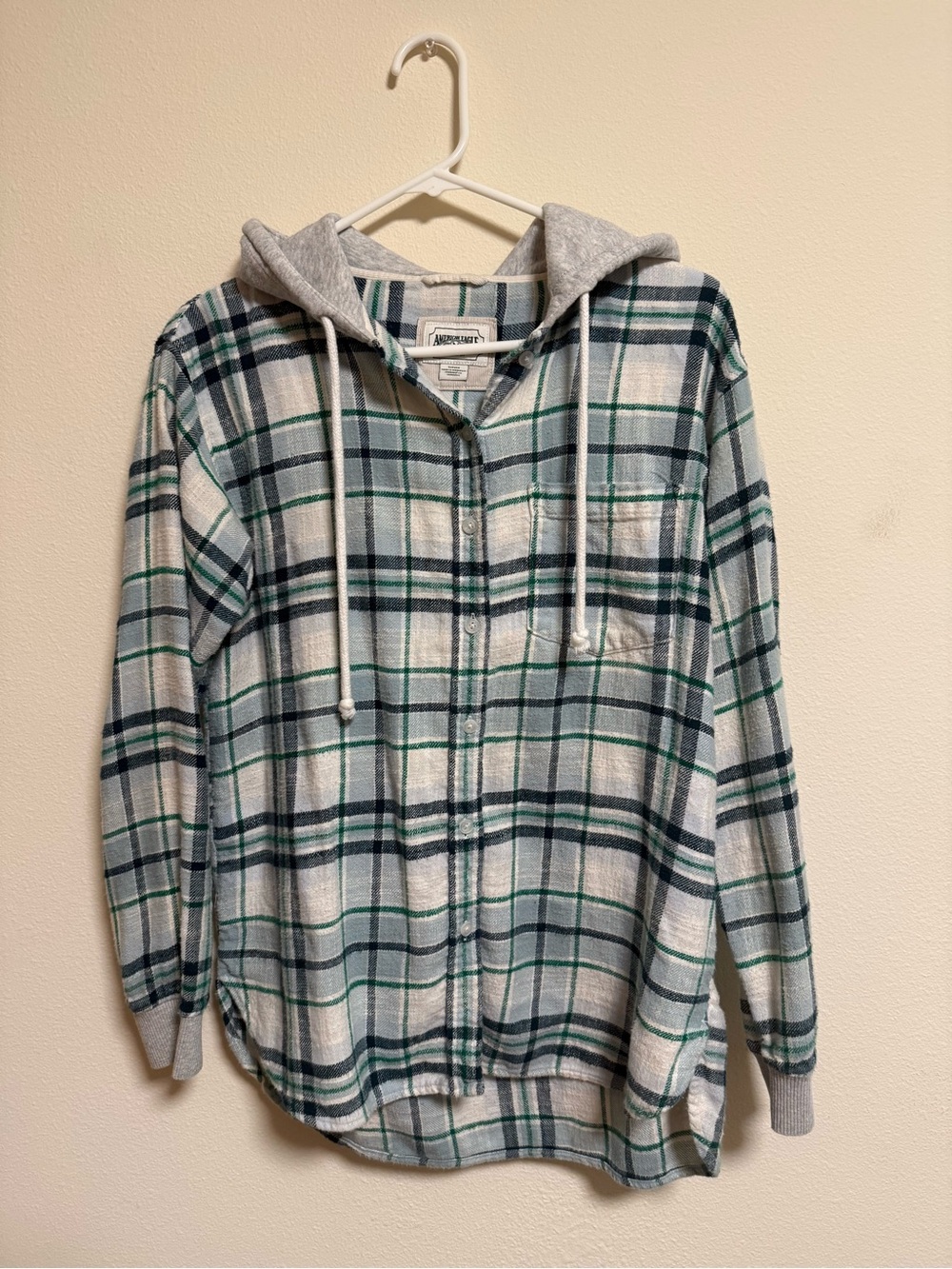 American Eagle Plaid Hooded Shirt in White, Green & Navy